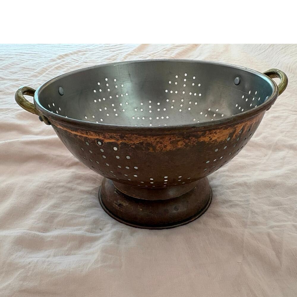Antique Copper Colander Brass Footed Strainer Cottagecore Rustic Farmhouse